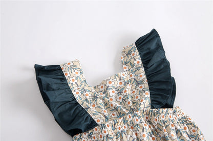 Baby Girl Vintage Floral Print Romper with Teal Ruffle Flutter Sleeves
