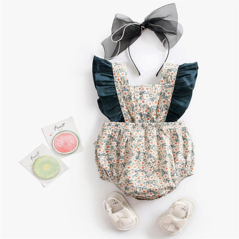 Baby Girl Vintage Floral Print Romper with Teal Ruffle Flutter Sleeves