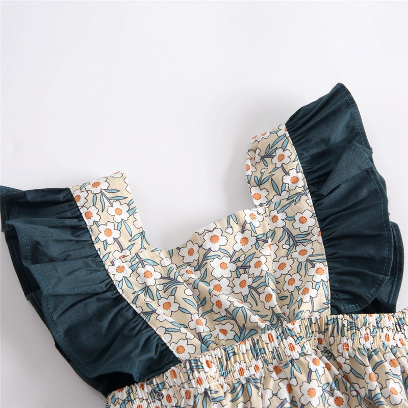 Baby Girl Vintage Floral Print Romper with Teal Ruffle Flutter Sleeves