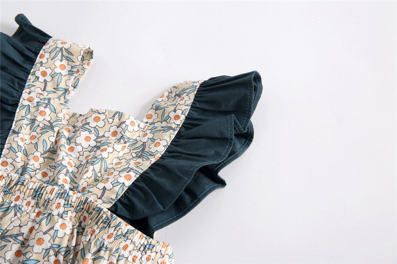 Baby Girl Vintage Floral Print Romper with Teal Ruffle Flutter Sleeves