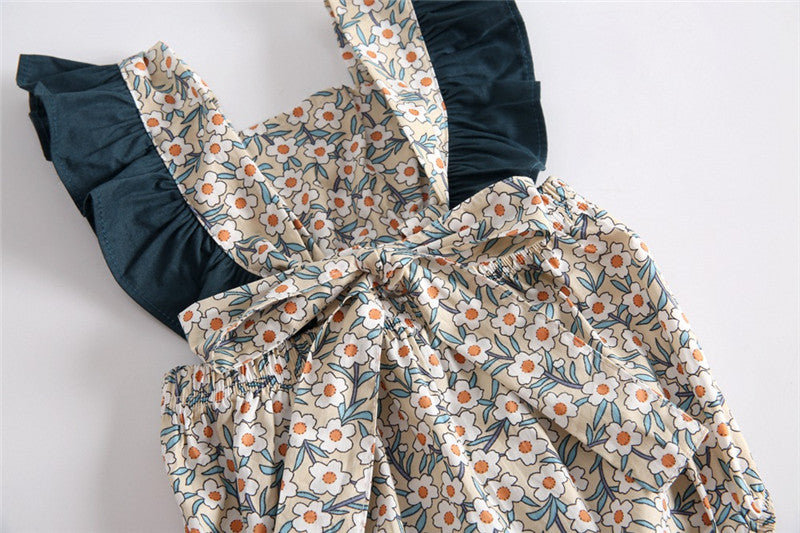 Baby Girl Vintage Floral Print Romper with Teal Ruffle Flutter Sleeves