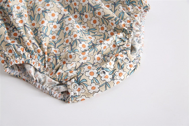Baby Girl Vintage Floral Print Romper with Teal Ruffle Flutter Sleeves