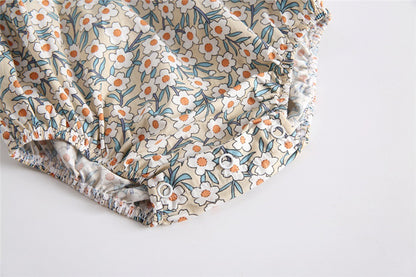 Baby Girl Vintage Floral Print Romper with Teal Ruffle Flutter Sleeves