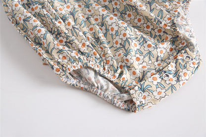 Baby Girl Vintage Floral Print Romper with Teal Ruffle Flutter Sleeves