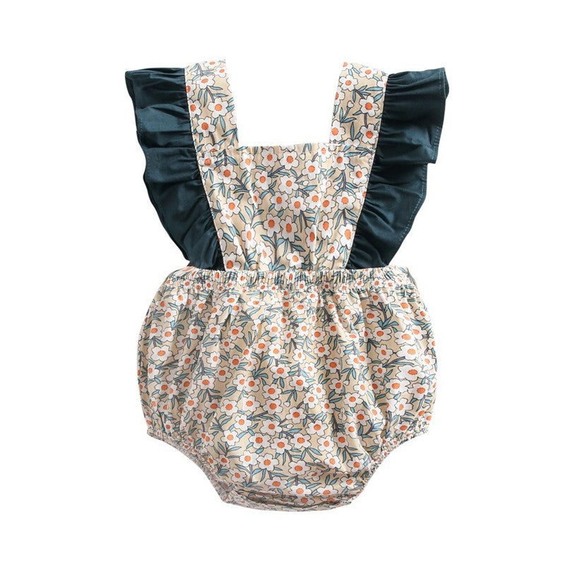 Baby Girl Vintage Floral Print Romper with Teal Ruffle Flutter Sleeves