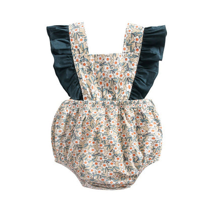 Baby Girl Vintage Floral Print Romper with Teal Ruffle Flutter Sleeves