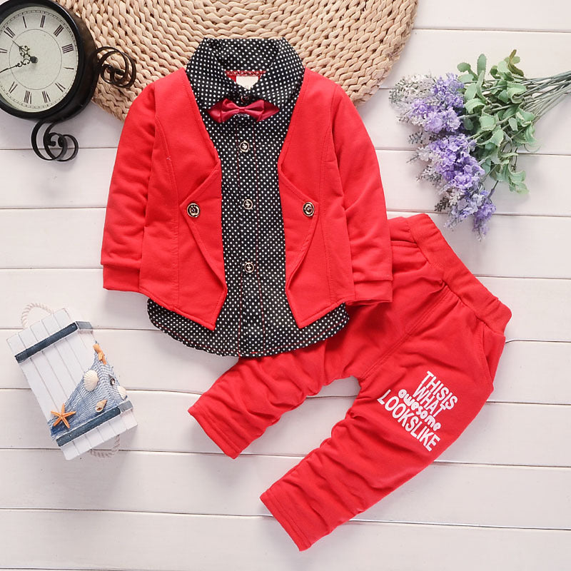 Toddler Boy's Faux-Layer Blazer & Trouser Set | Bow Tie Gentleman Outfit in Navy, Red or Grey