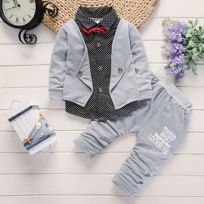 Toddler Boy's Faux-Layer Blazer & Trouser Set | Bow Tie Gentleman Outfit in Navy, Red or Grey