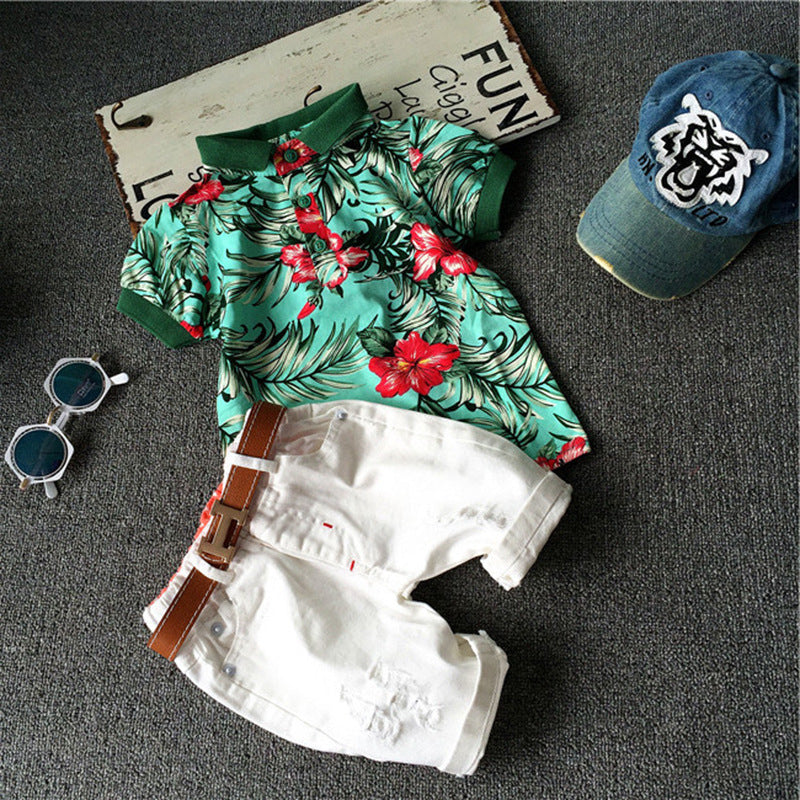 Boys' Printed Short-Sleeve Shirt & Ripped Shorts Set | Summer 2-Piece in Tropical, Floral & Stripe Styles