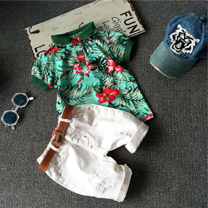 Boys' Printed Short-Sleeve Shirt & Ripped Shorts Set | Summer 2-Piece in Tropical, Floral & Stripe Styles