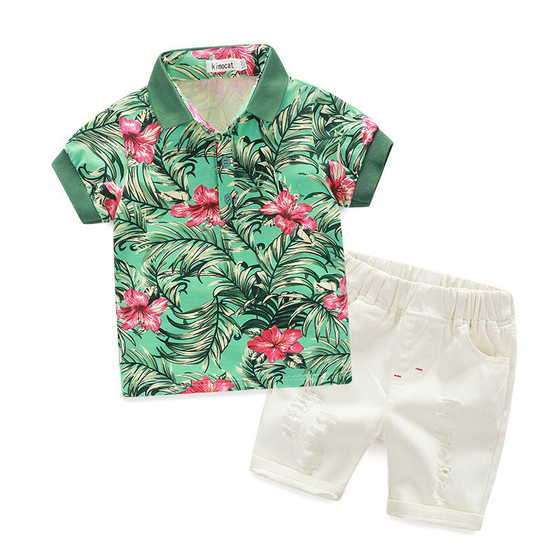 Boys' Printed Short-Sleeve Shirt & Ripped Shorts Set | Summer 2-Piece in Tropical, Floral & Stripe Styles