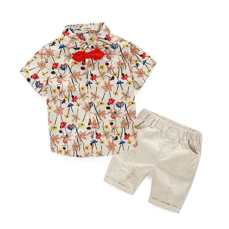 Boys' Printed Short-Sleeve Shirt & Ripped Shorts Set | Summer 2-Piece in Tropical, Floral & Stripe Styles