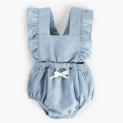 Baby Girls' Ruffle Strap Denim Romper – Sleeveless Bubble Bodysuit with Bow Detail