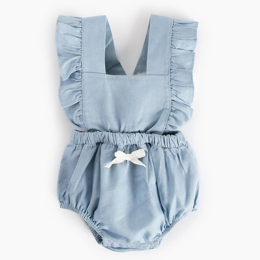 Baby Girls' Ruffle Strap Denim Romper – Sleeveless Bubble Bodysuit with Bow Detail