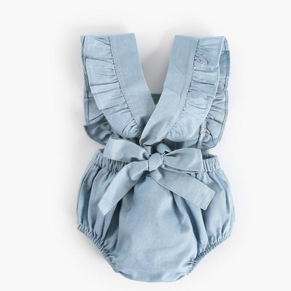 Baby Girls' Ruffle Strap Denim Romper – Sleeveless Bubble Bodysuit with Bow Detail