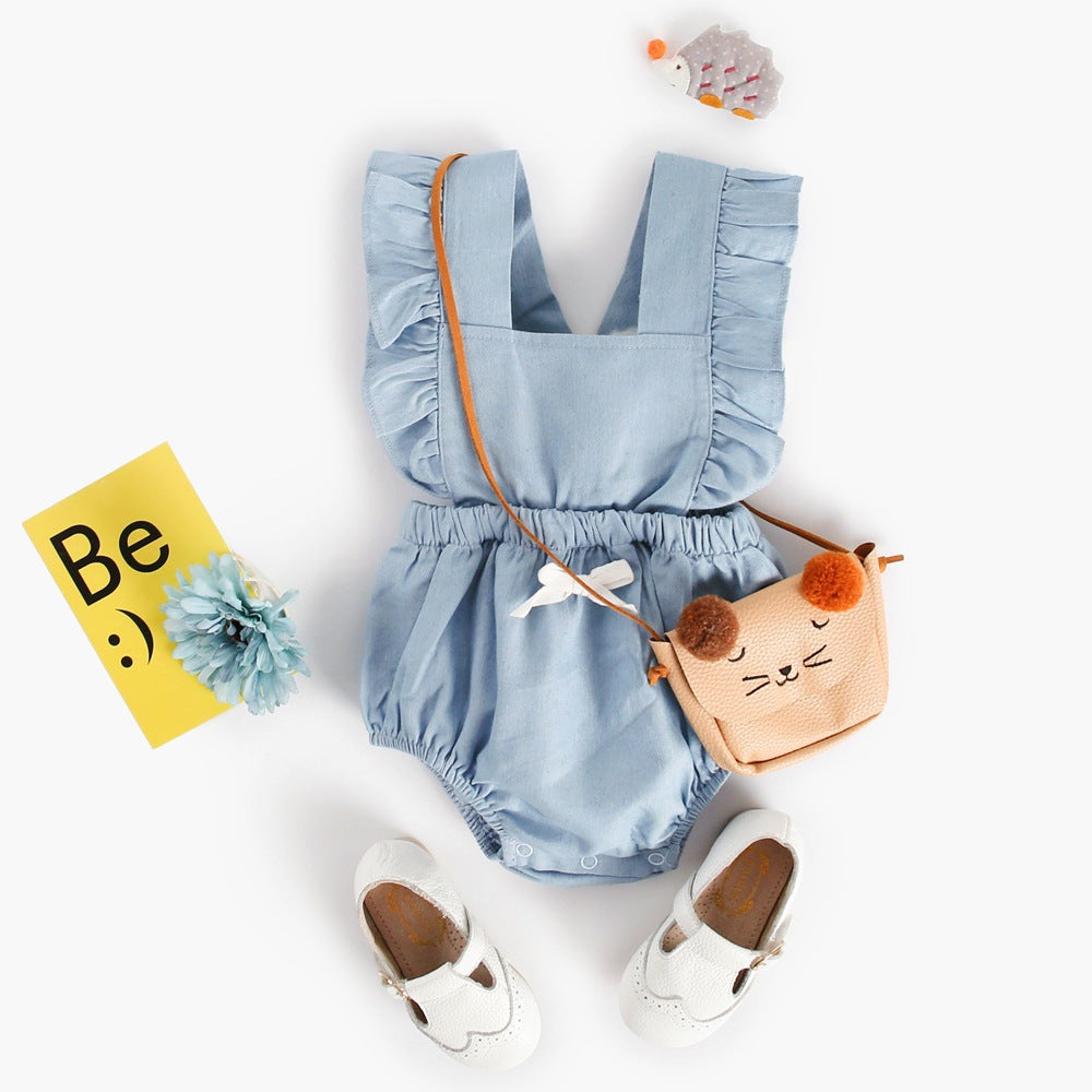 Baby Girls' Ruffle Strap Denim Romper – Sleeveless Bubble Bodysuit with Bow Detail