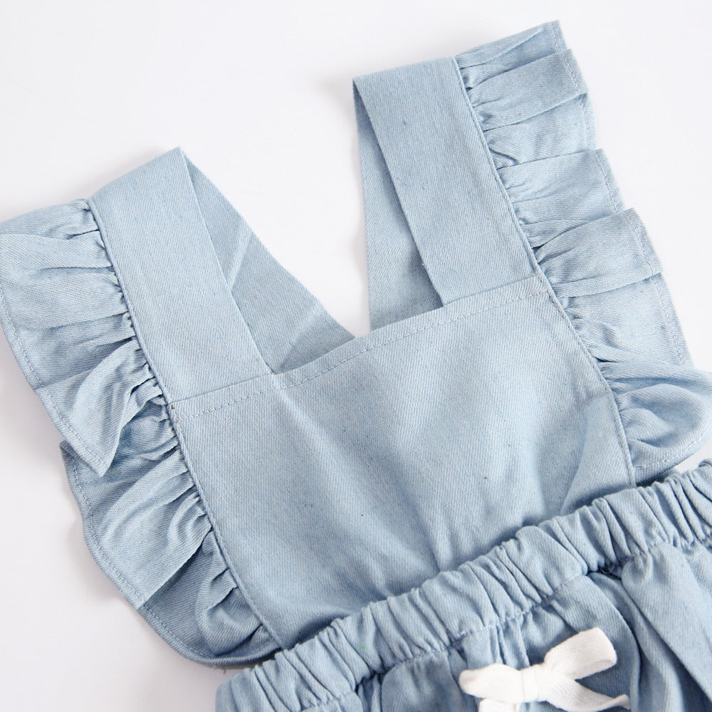 Baby Girls' Ruffle Strap Denim Romper – Sleeveless Bubble Bodysuit with Bow Detail