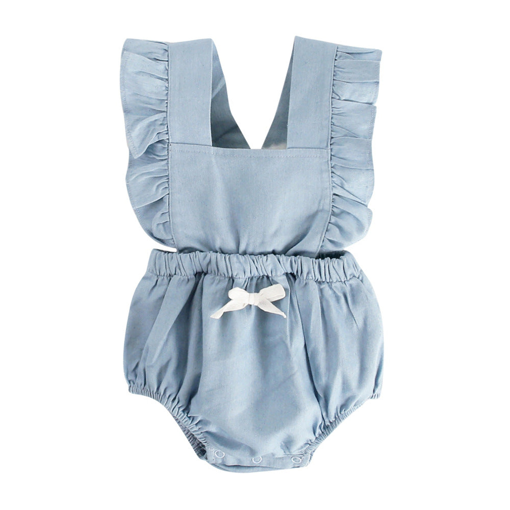 Baby Girls' Ruffle Strap Denim Romper – Sleeveless Bubble Bodysuit with Bow Detail