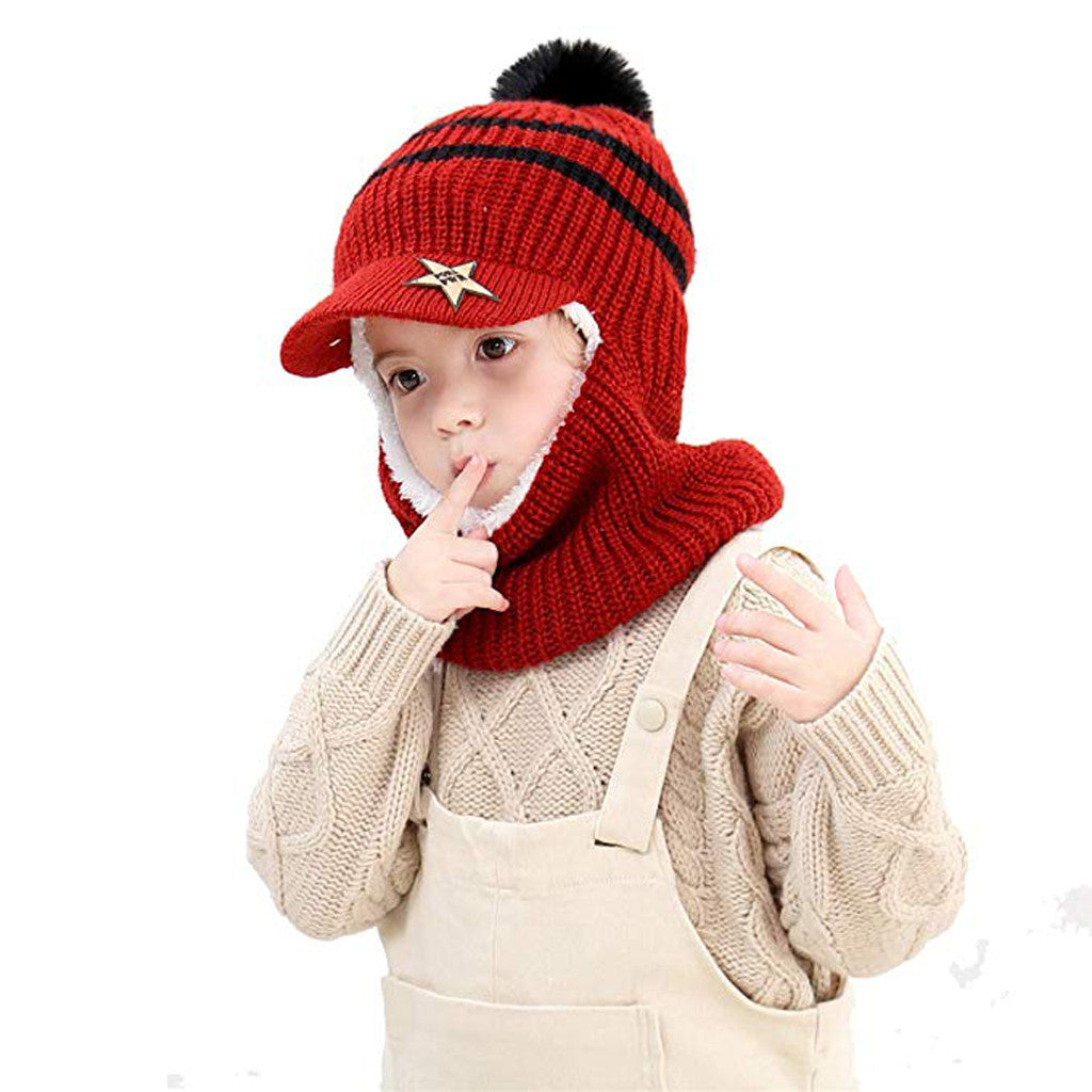 Kids Knit Balaclava Hat with Visor + Plush Lining (Warm Hood Scarf Set)