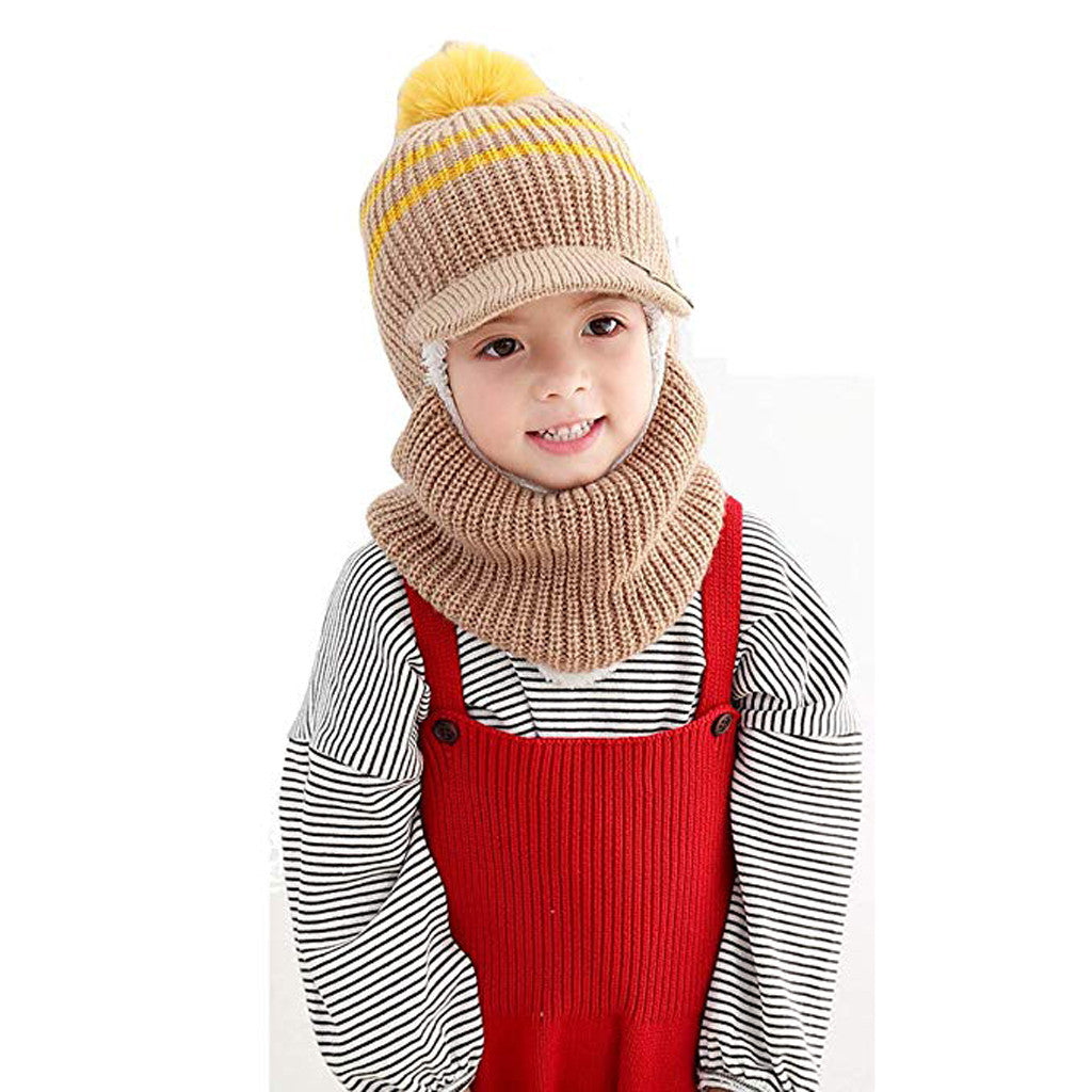 Kids Knit Balaclava Hat with Visor + Plush Lining (Warm Hood Scarf Set)