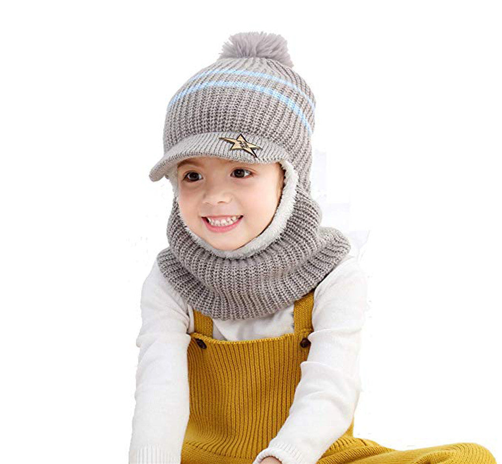 Kids Knit Balaclava Hat with Visor + Plush Lining (Warm Hood Scarf Set)