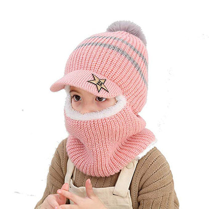 Kids Knit Balaclava Hat with Visor + Plush Lining (Warm Hood Scarf Set)