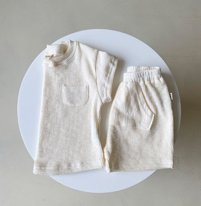 Baby & Toddler Ribbed Cotton Romper, Tee & Shorts – Loose Short-Sleeve Waffle-Knit Set in Neutral Tones