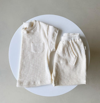 Baby & Toddler Ribbed Cotton Romper, Tee & Shorts – Loose Short-Sleeve Waffle-Knit Set in Neutral Tones