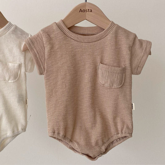 Baby & Toddler Ribbed Cotton Romper, Tee & Shorts – Loose Short-Sleeve Waffle-Knit Set in Neutral Tones