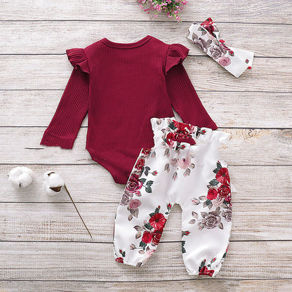 Baby Girls' Ribbed Ruffle Romper & Floral Pants Set – 3-Piece Cotton Outfit with Headband