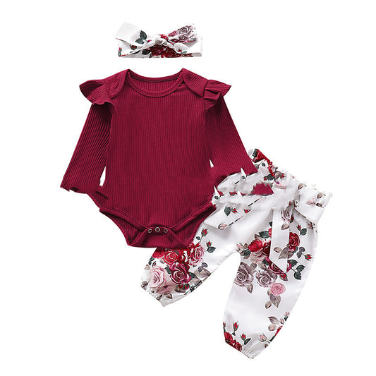 Baby Girls' Ribbed Ruffle Romper & Floral Pants Set – 3-Piece Cotton Outfit with Headband