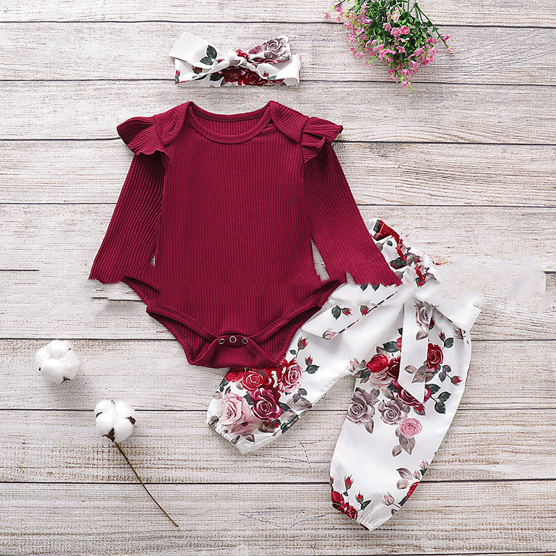 Baby Girls' Ribbed Ruffle Romper & Floral Pants Set – 3-Piece Cotton Outfit with Headband