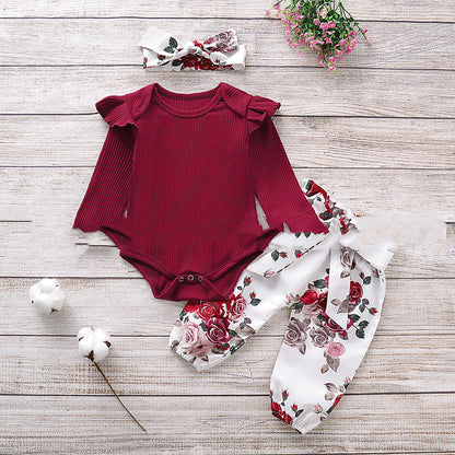 Baby Girls' Ribbed Ruffle Romper & Floral Pants Set – 3-Piece Cotton Outfit with Headband