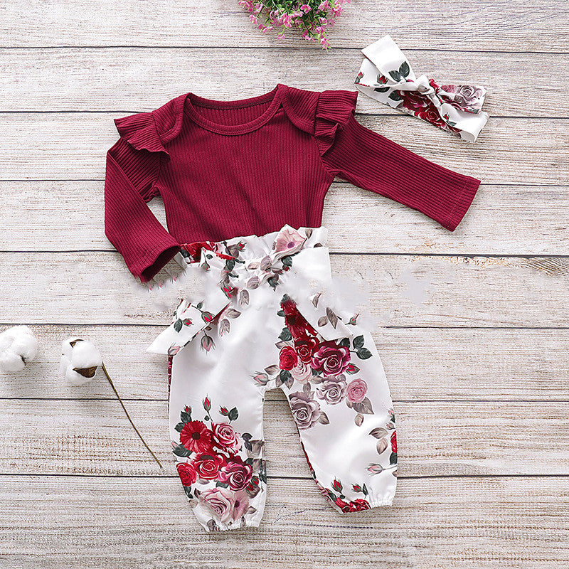 Baby Girls' Ribbed Ruffle Romper & Floral Pants Set – 3-Piece Cotton Outfit with Headband