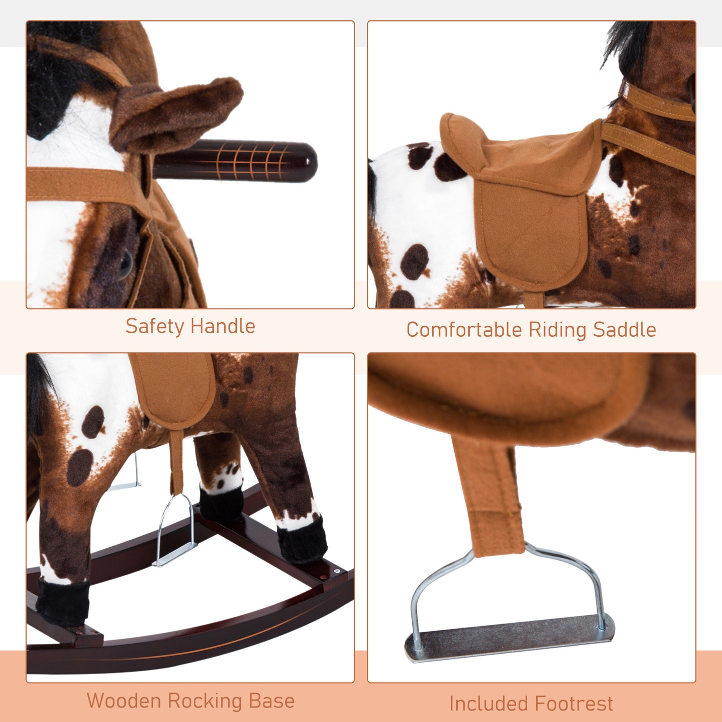 Rocking Horse Plush Ride-On Toy with Nursery Rhyme Music – 18-36 Months, Light Brown/White