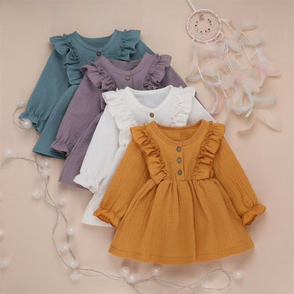 Girls' Crinkle Cotton Ruffle-Front Long Sleeve Dress – Soft Everyday Style