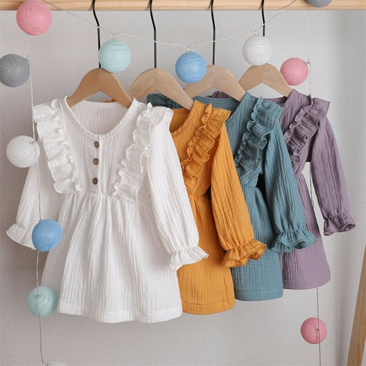 Girls' Crinkle Cotton Ruffle-Front Long Sleeve Dress – Soft Everyday Style
