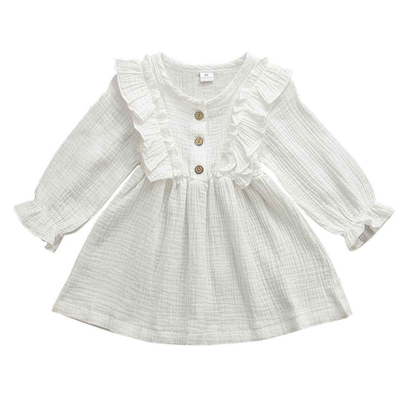 Girls' Crinkle Cotton Ruffle-Front Long Sleeve Dress – Soft Everyday Style