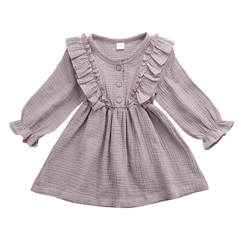 Girls' Crinkle Cotton Ruffle-Front Long Sleeve Dress – Soft Everyday Style