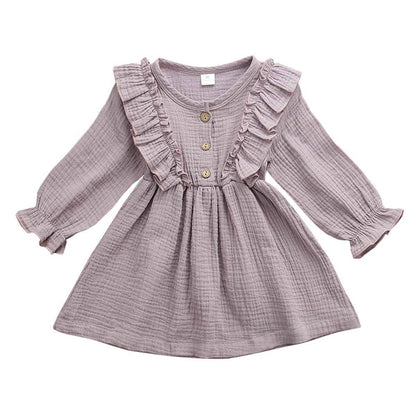 Girls' Crinkle Cotton Ruffle-Front Long Sleeve Dress – Soft Everyday Style