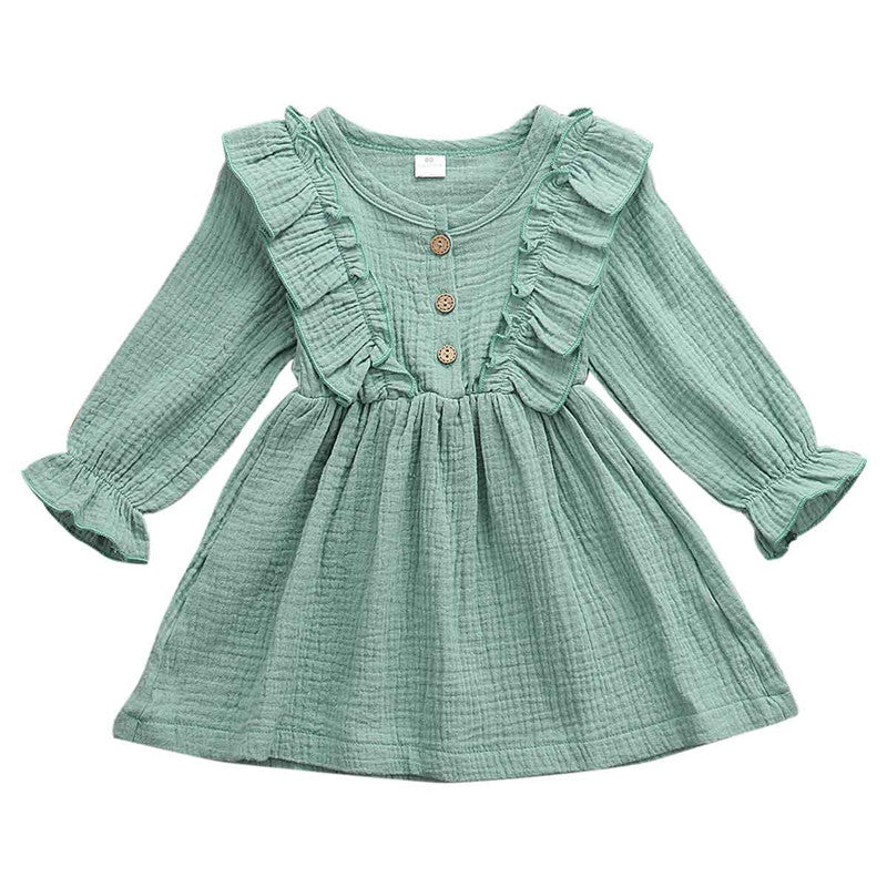 Girls' Crinkle Cotton Ruffle-Front Long Sleeve Dress – Soft Everyday Style