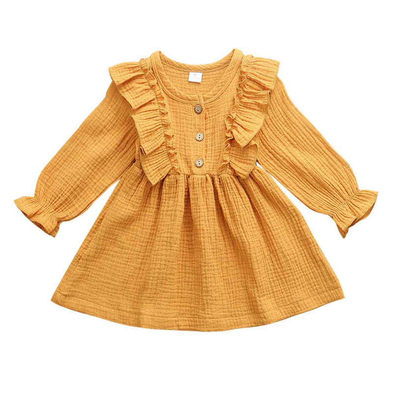 Girls' Crinkle Cotton Ruffle-Front Long Sleeve Dress – Soft Everyday Style