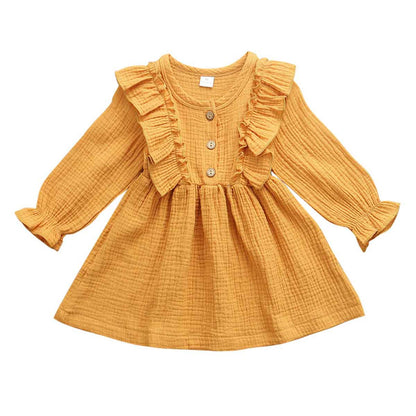 Girls' Crinkle Cotton Ruffle-Front Long Sleeve Dress – Soft Everyday Style