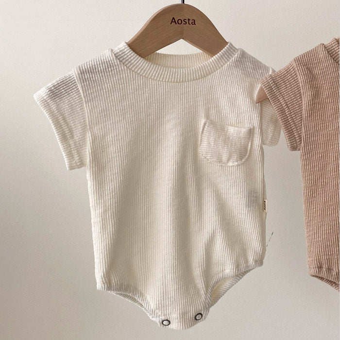Baby & Toddler Ribbed Cotton Romper, Tee & Shorts – Loose Short-Sleeve Waffle-Knit Set in Neutral Tones