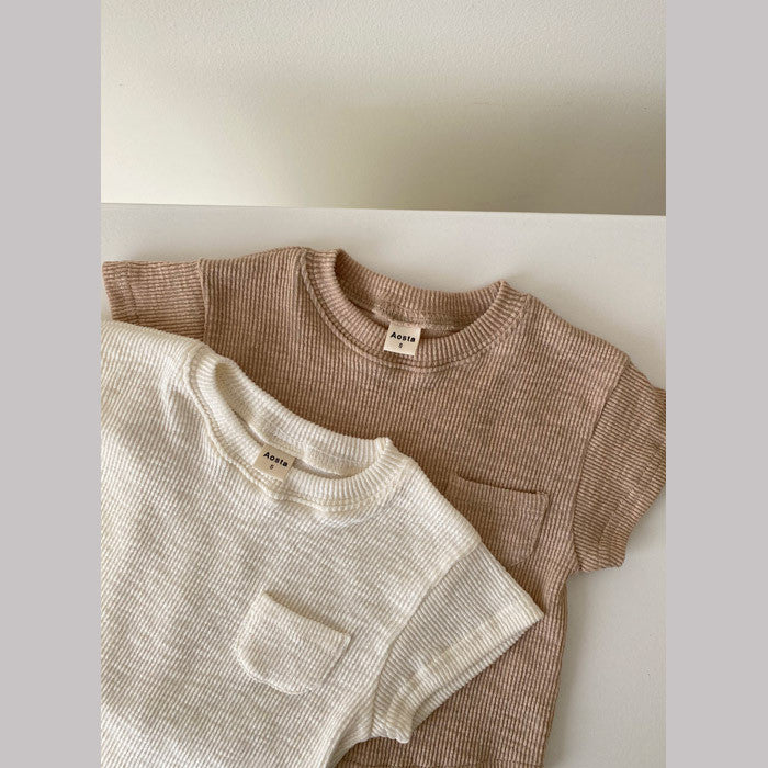 Baby & Toddler Ribbed Cotton Romper, Tee & Shorts – Loose Short-Sleeve Waffle-Knit Set in Neutral Tones