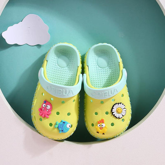 Two-Tone Garden Clog Sandals with Cartoon Charms | Kids' EVA Slip-On Shoes in 4 Colorways