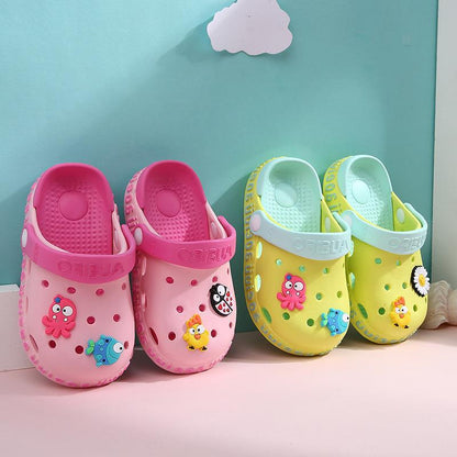 Two-Tone Garden Clog Sandals with Cartoon Charms | Kids' EVA Slip-On Shoes in 4 Colorways