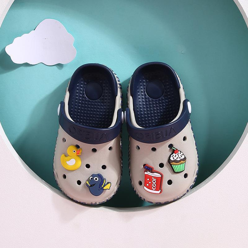Two-Tone Garden Clog Sandals with Cartoon Charms | Kids' EVA Slip-On Shoes in 4 Colorways