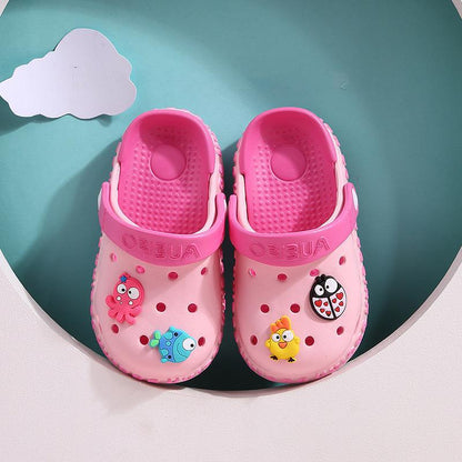 Two-Tone Garden Clog Sandals with Cartoon Charms | Kids' EVA Slip-On Shoes in 4 Colorways