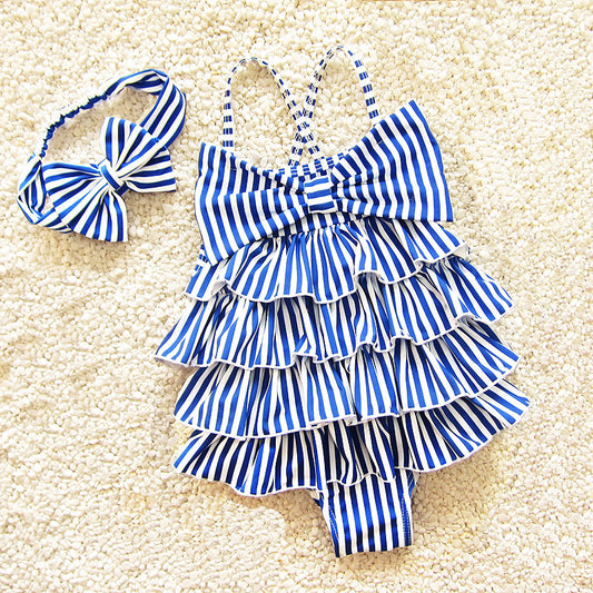 Girls' Striped Tiered Ruffle One-Piece Swimsuit & Bow Headband Set – Beach-Ready Style, Sizes 2–8 Y